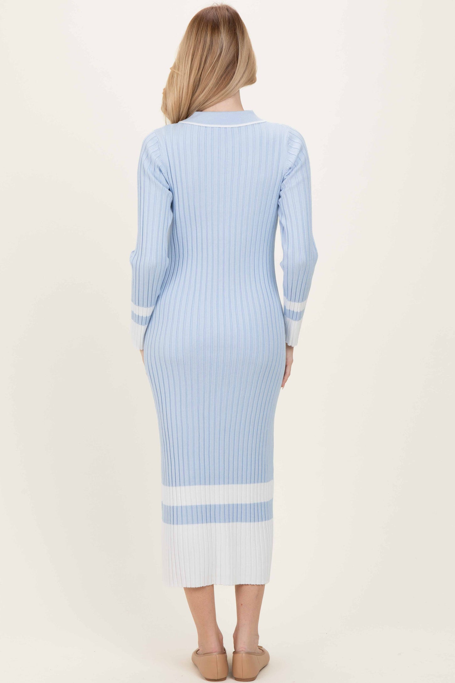 Light Blue Ribbed Knit Colorblock Polo Maxi Dress