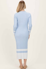 Light Blue Ribbed Knit Colorblock Polo Maxi Dress