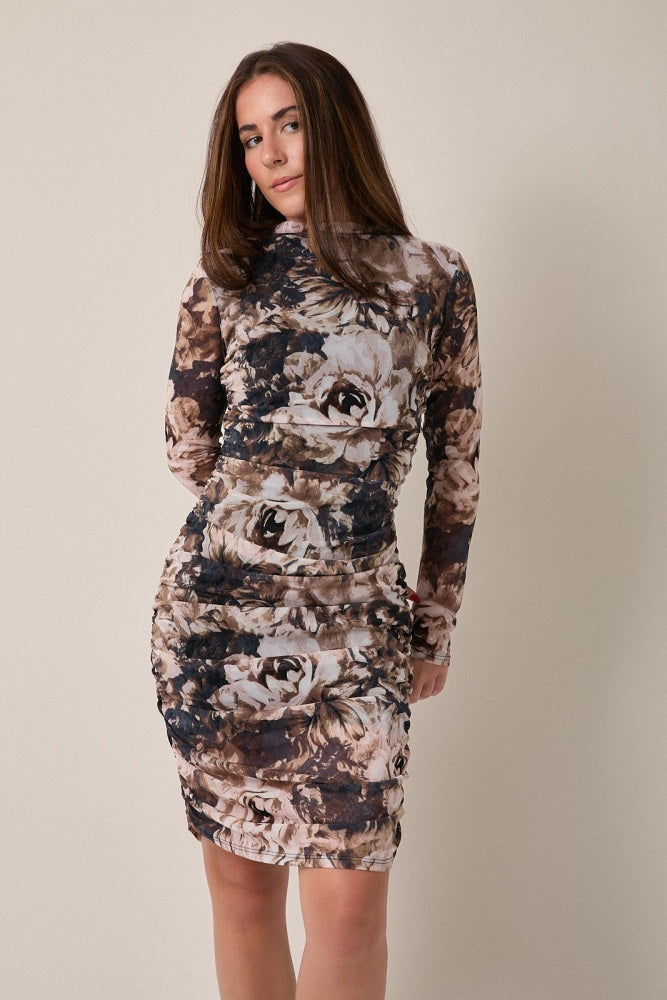 Brown Floral Mesh Overlay Ruched Maternity Dress