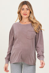Mocha Oversized Washed Long Sleeve Pocket Maternity Top