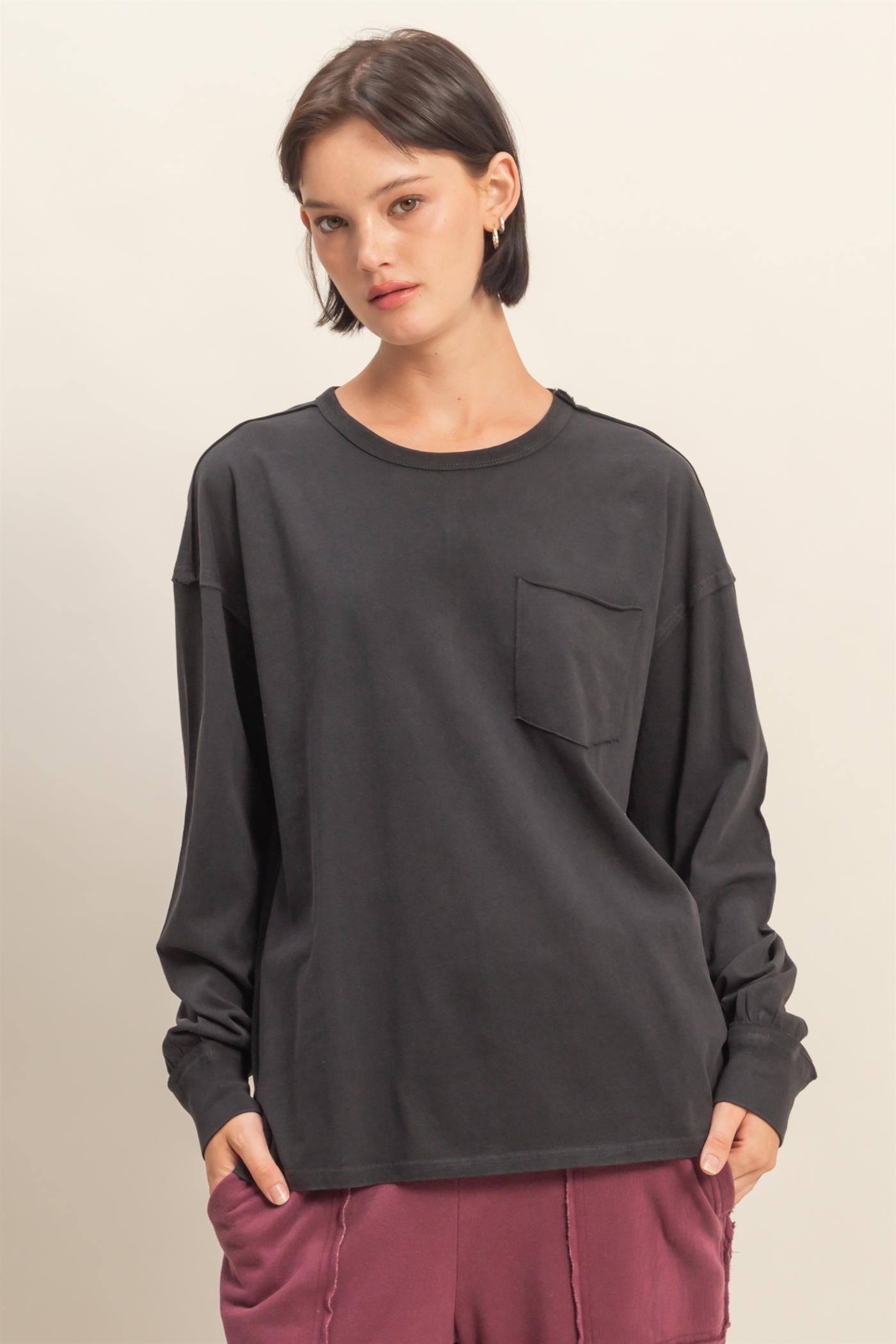 Black Oversized Washed Long Sleeve Pocket Maternity Top