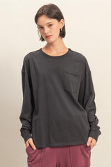Black Oversized Washed Long Sleeve Pocket Maternity Top