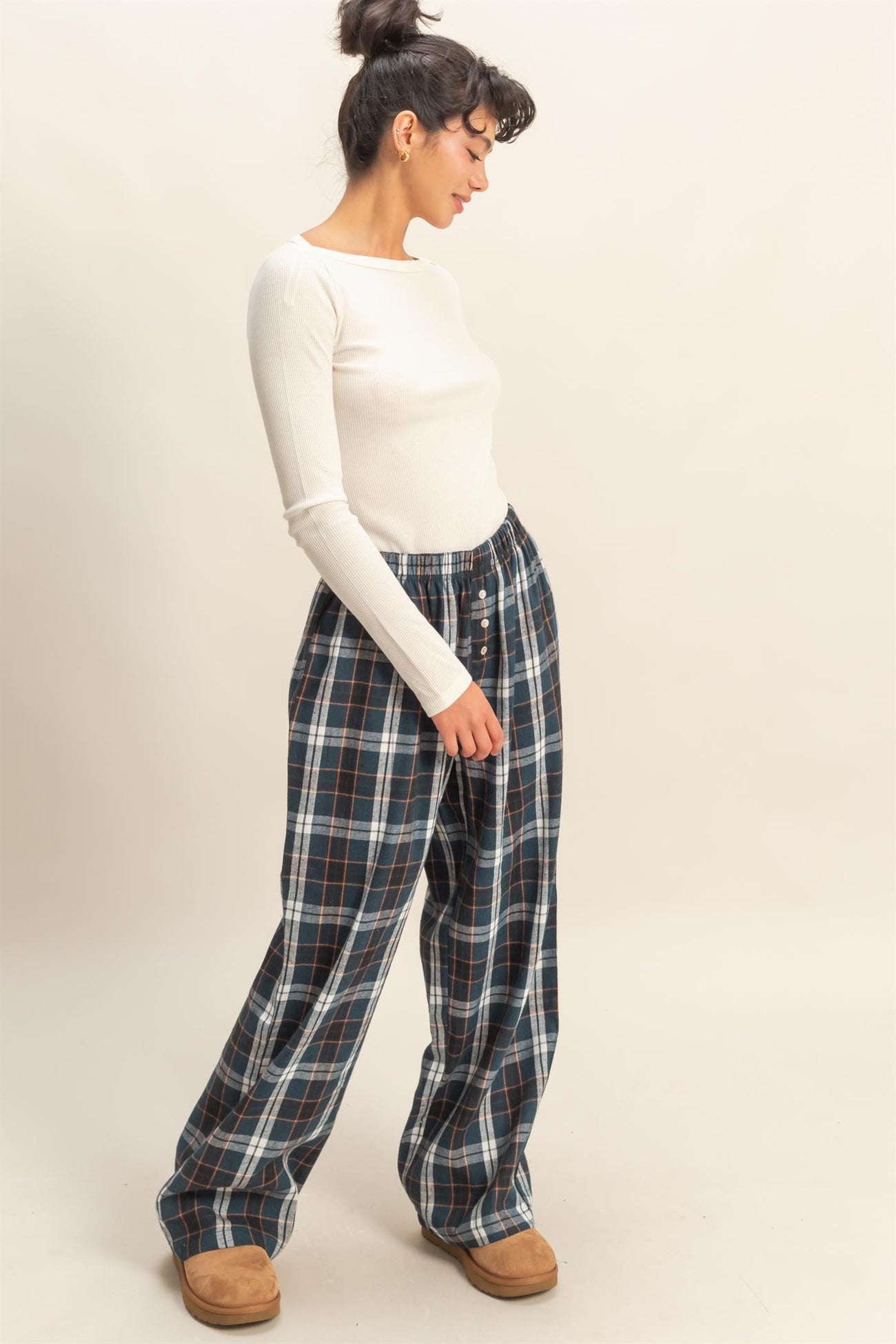 Navy Plaid Wide Leg Maternity Lounge Pants