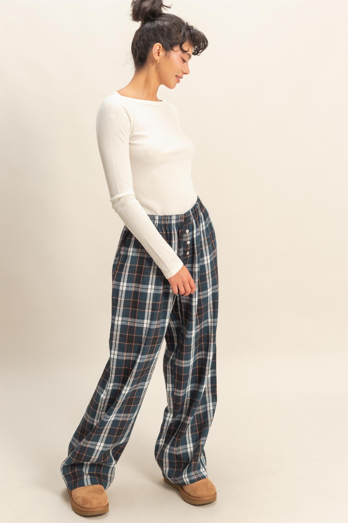 Navy Plaid Wide Leg Maternity Lounge Pants