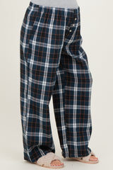 woman wearing navy blue and white plaid maternity pants with a relaxed fit and elastic waistband