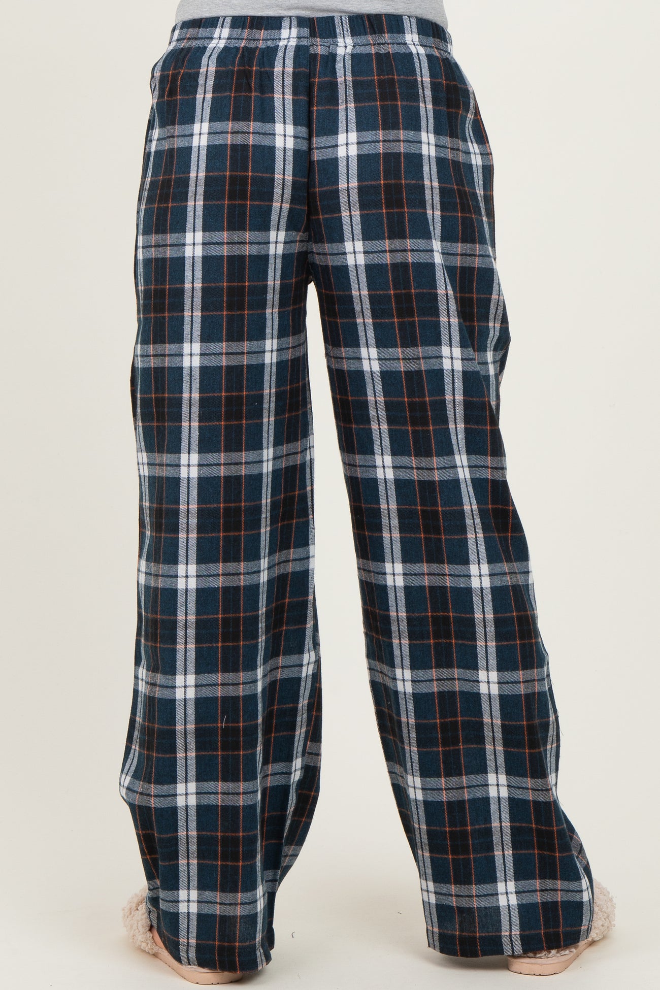 maternity wear in navy and gray plaid wide-leg lounge pants with an elastic waistband