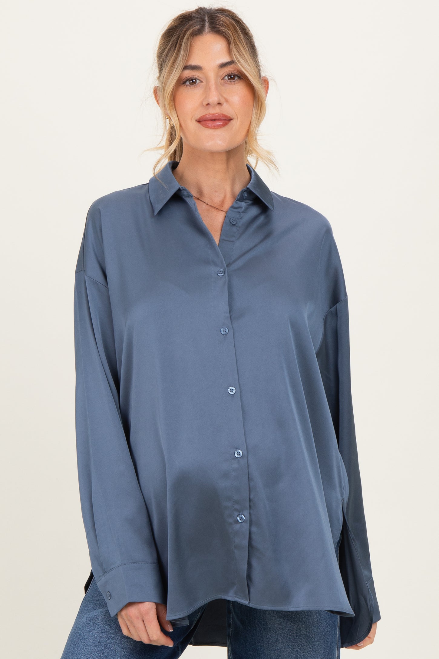 Navy Long Sleeve Oversized Satin Maternity Shirt