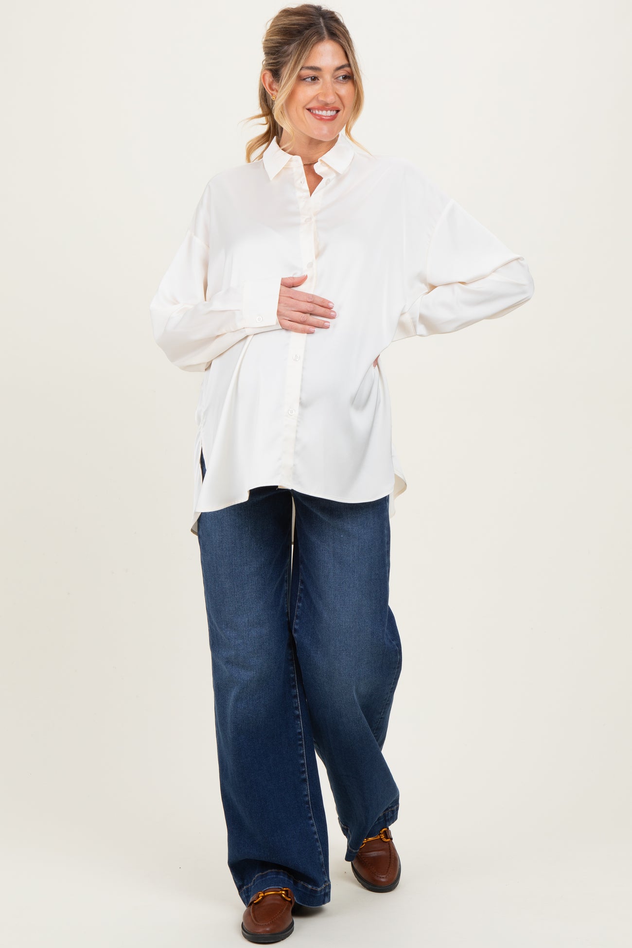 Cream Long Sleeve Oversized Satin Maternity Shirt