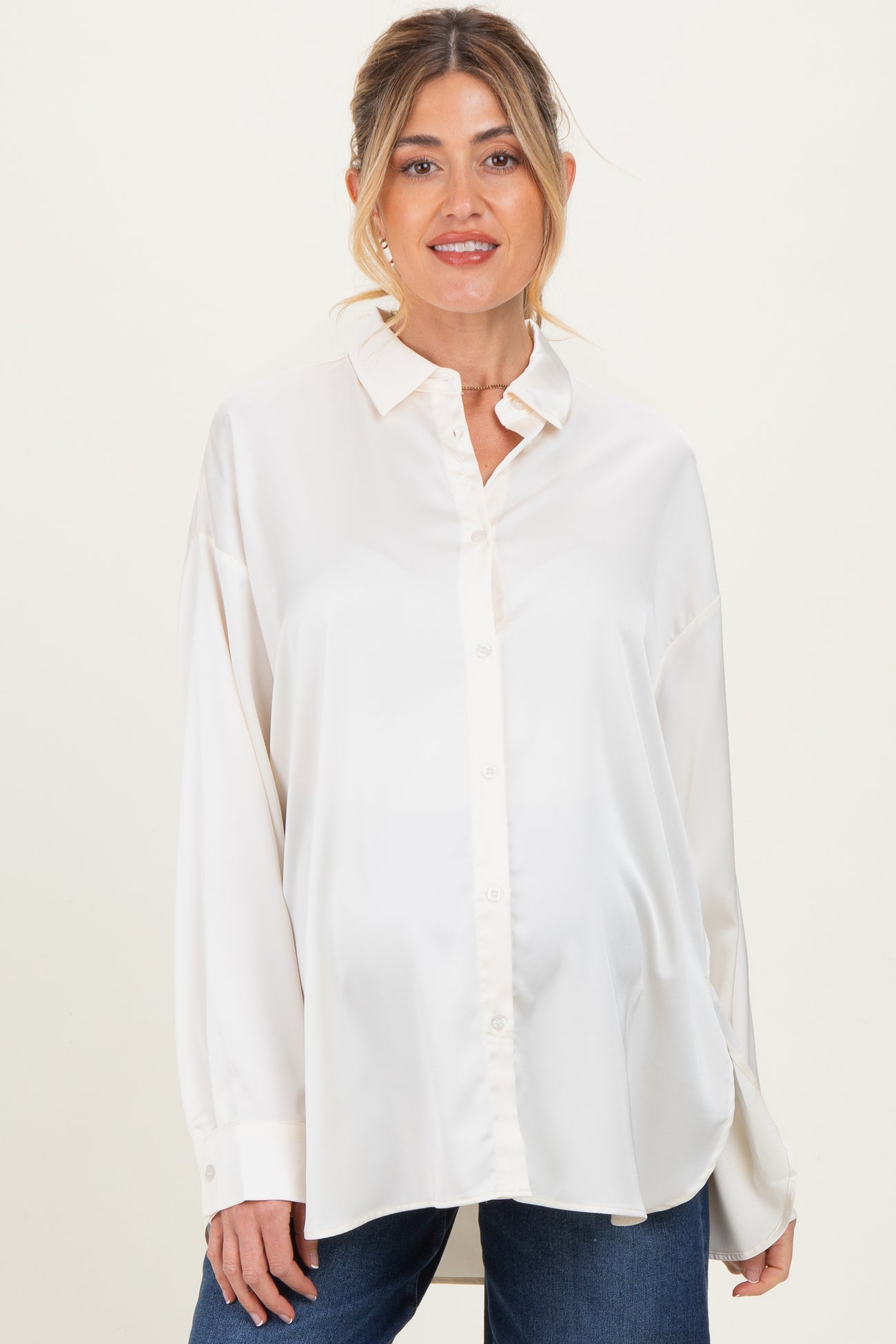 Cream Long Sleeve Oversized Satin Maternity Shirt