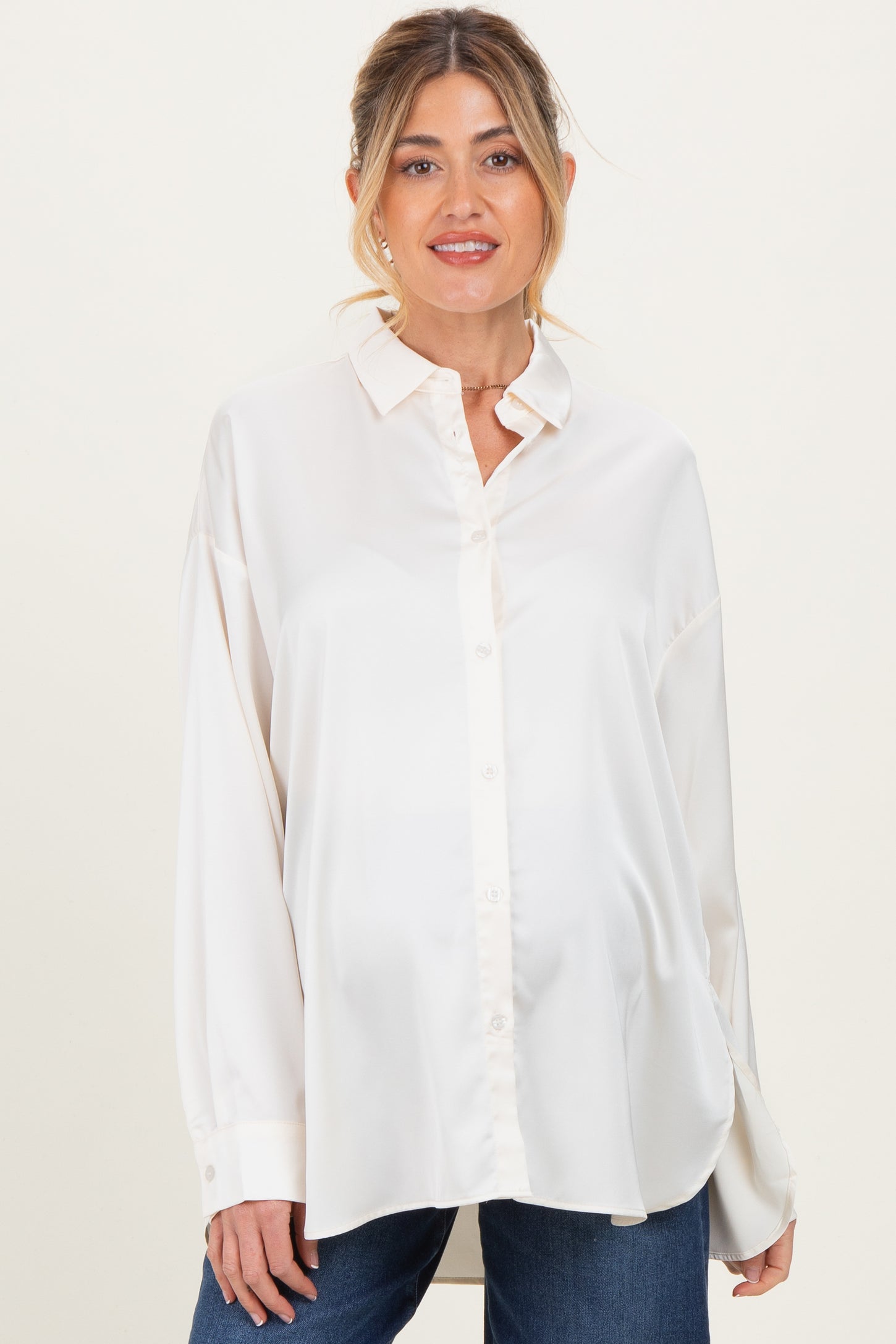 Cream Long Sleeve Oversized Satin Maternity Shirt
