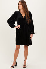 Black Velvet Button Up V-Neck Maternity Dress