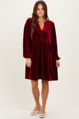 Burgundy Velvet Button Up V-Neck Maternity Dress