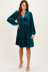 Deep Teal Velvet Button Up V-Neck Dress