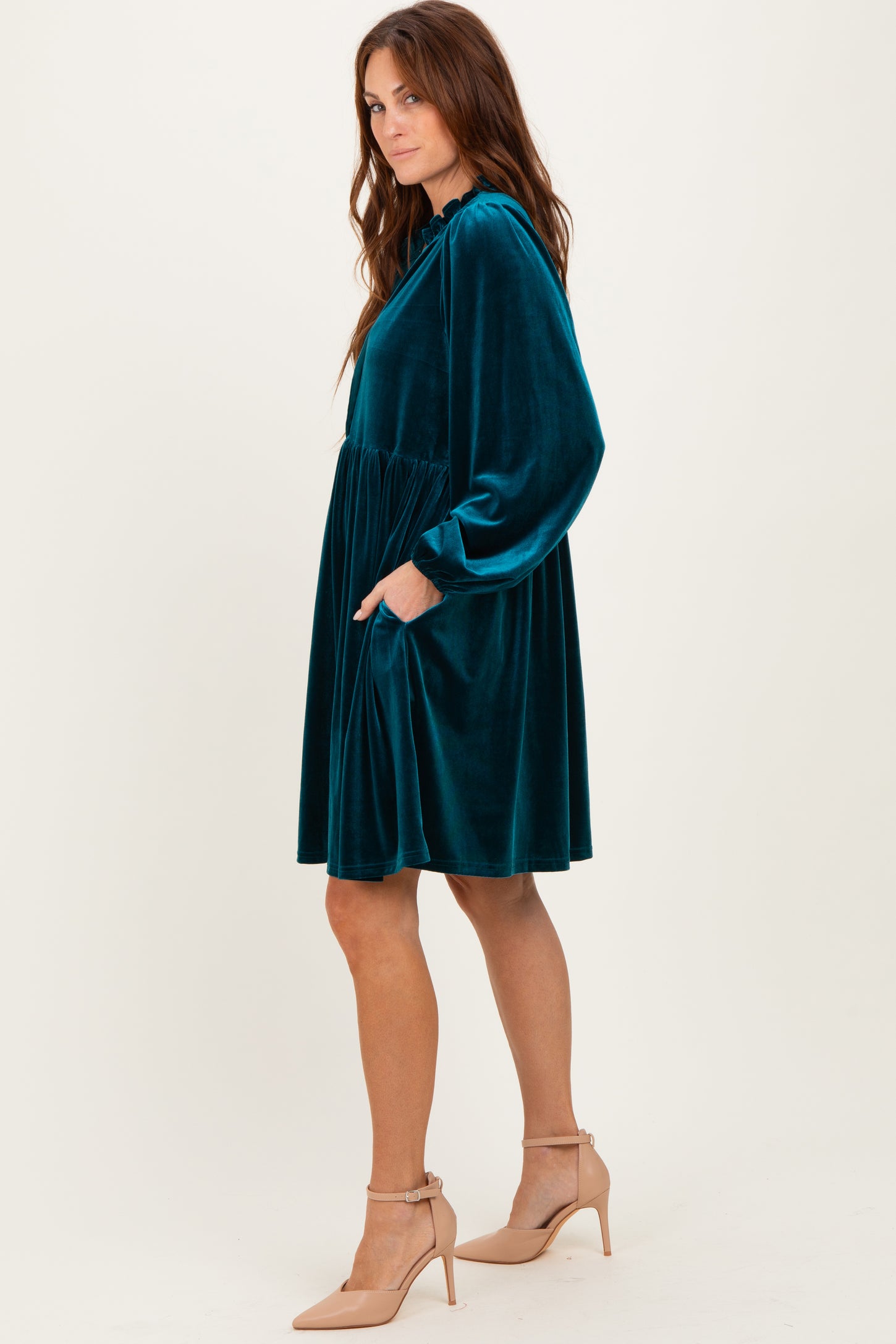 Deep Teal Velvet Button Up V-Neck Dress