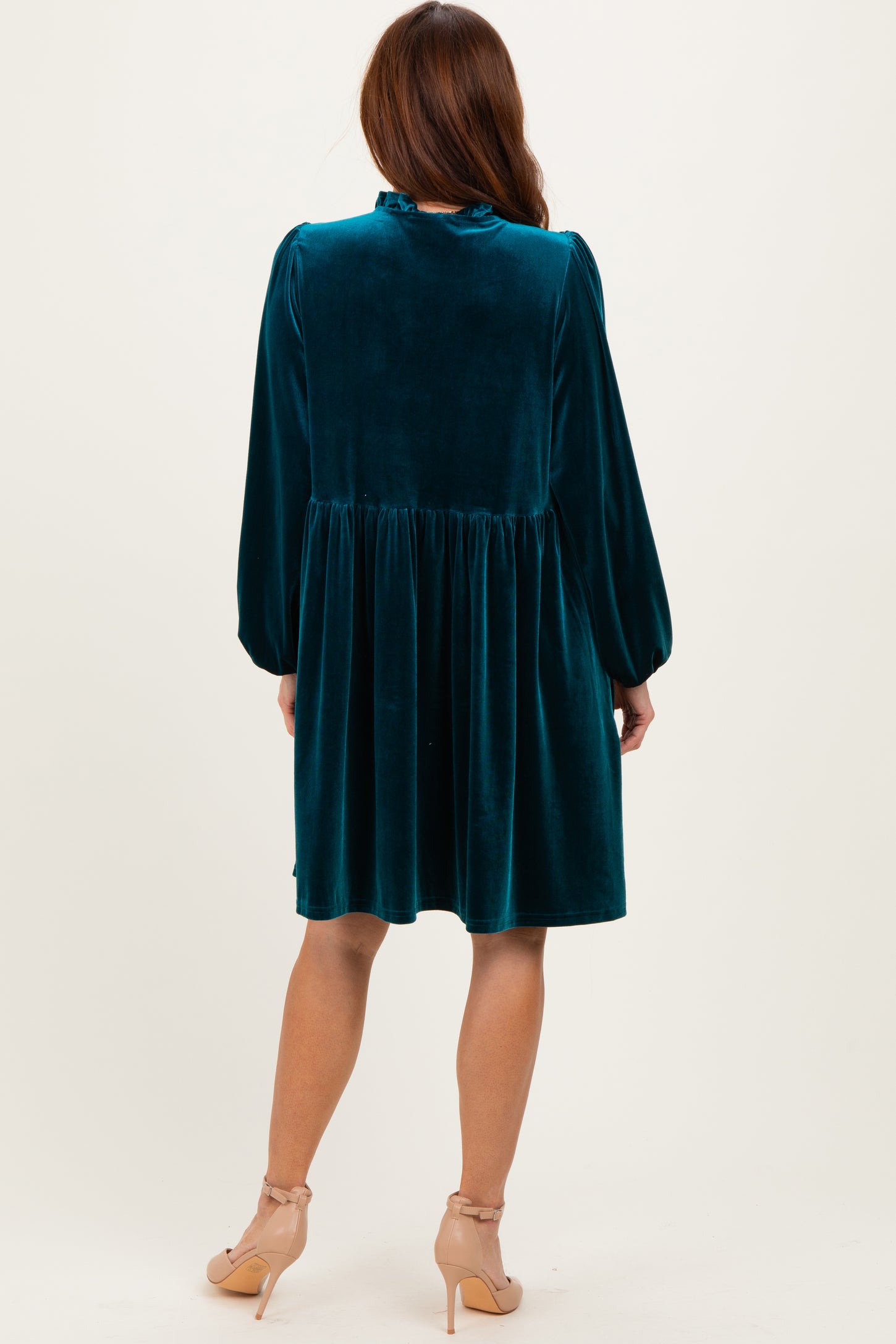 Deep Teal Velvet Button Up V-Neck Dress