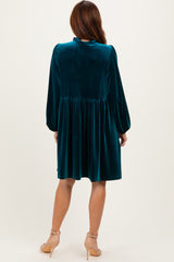 Deep Teal Velvet Button Up V-Neck Dress