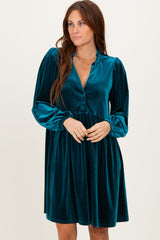 Deep Teal Velvet Button Up V-Neck Dress