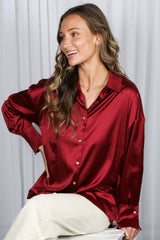 Burgundy Satin Button Up Maternity Blouse