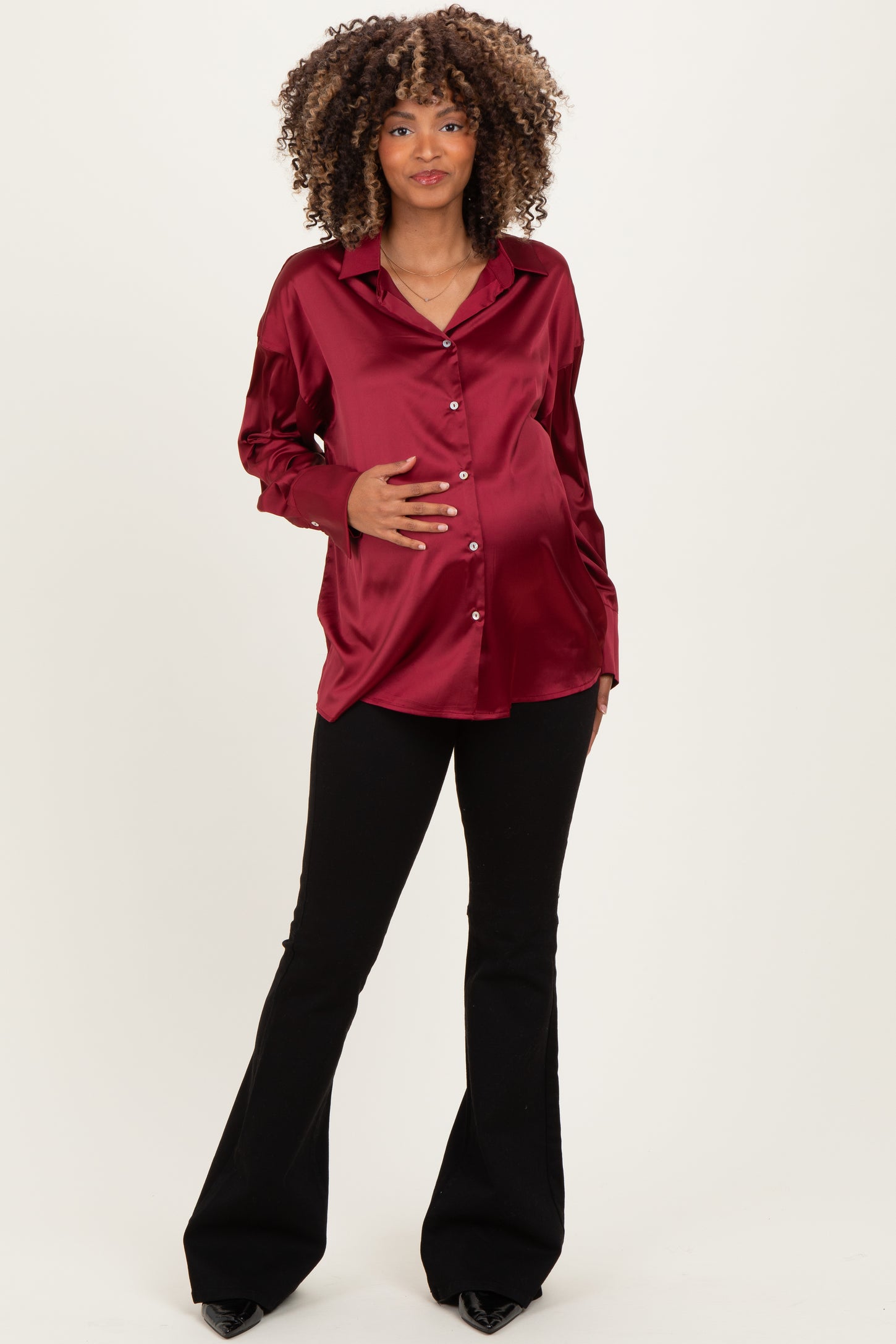 Burgundy Satin Button Up Maternity Blouse