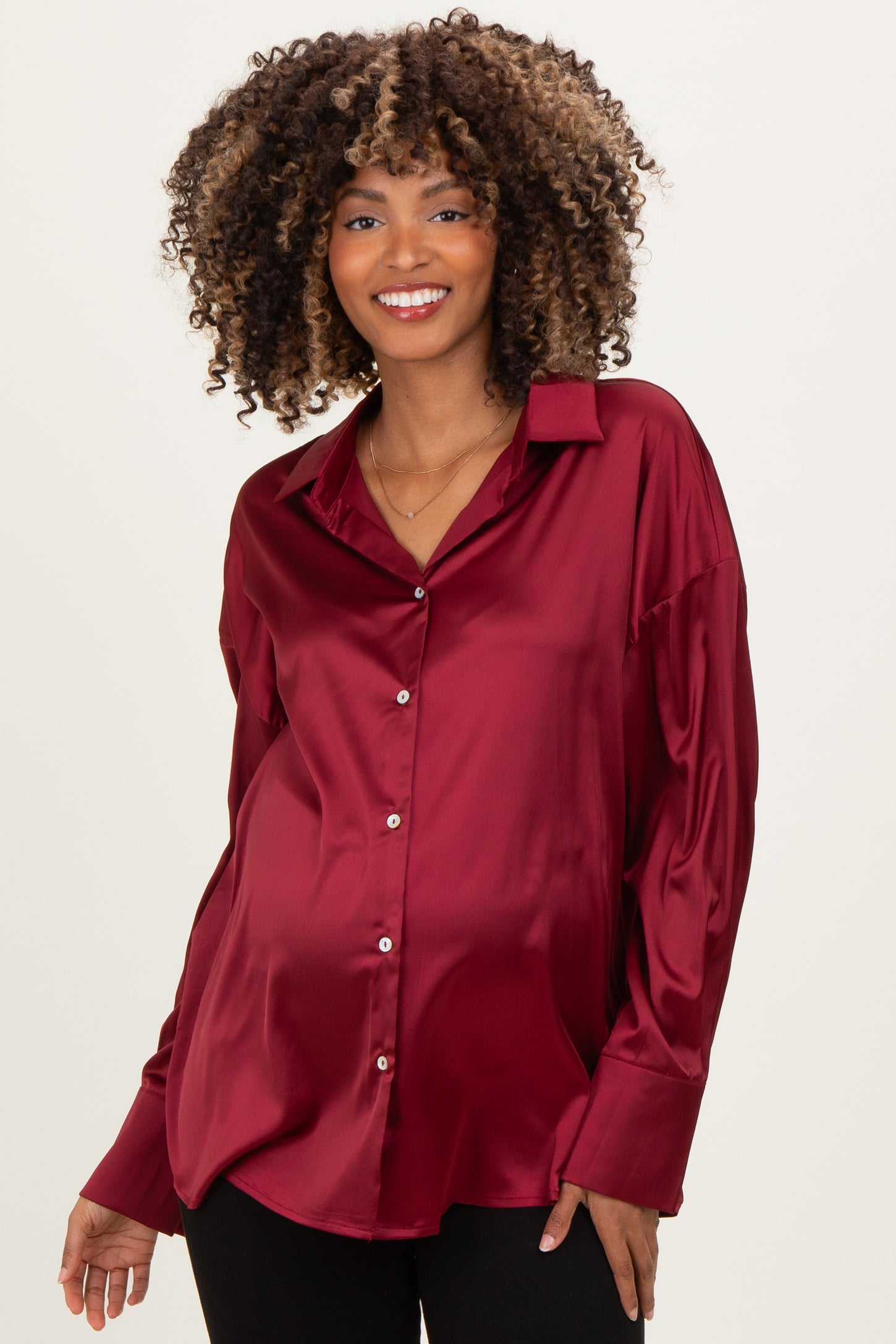 Burgundy Satin Button Up Maternity Blouse