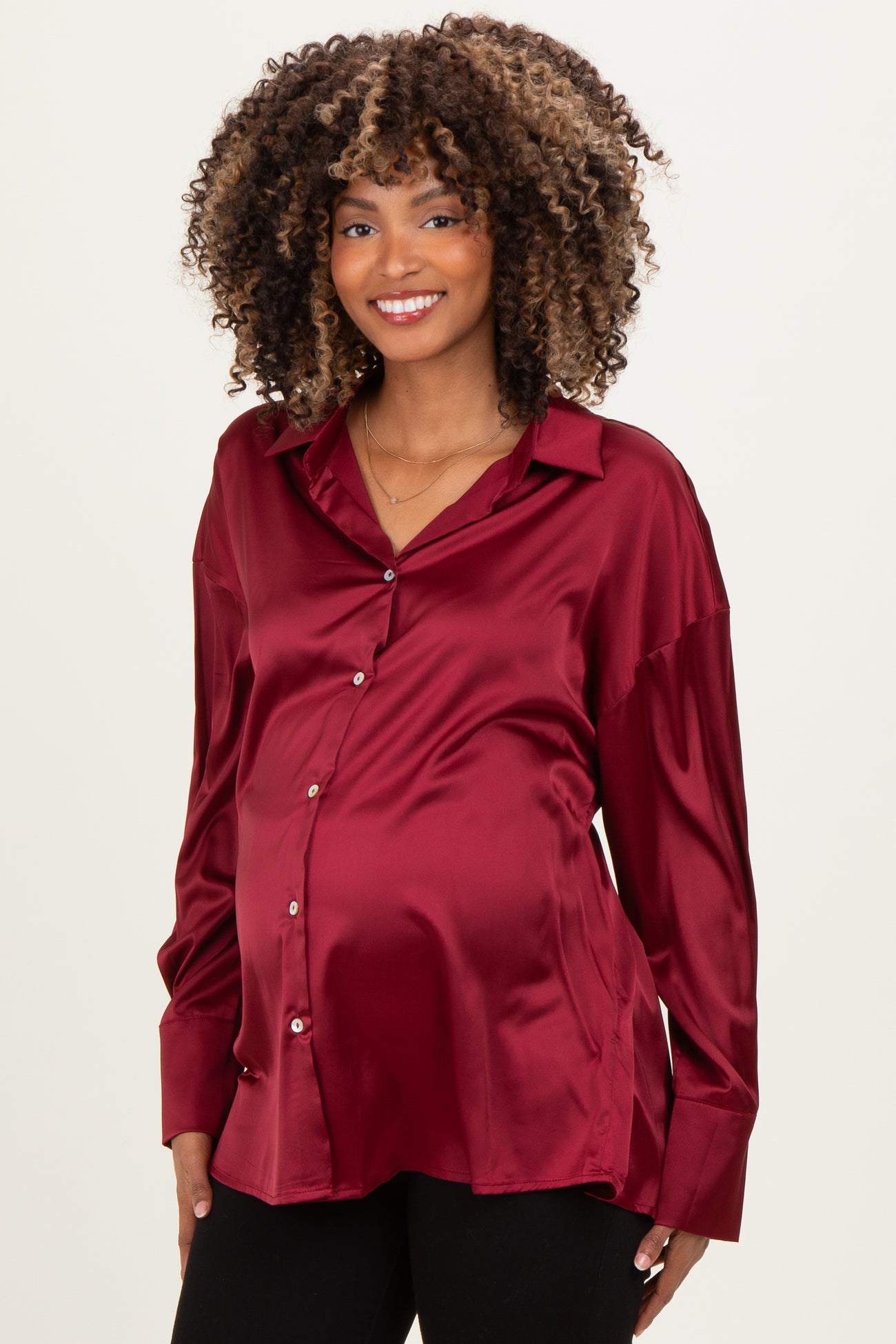 Burgundy Satin Button Up Maternity Blouse