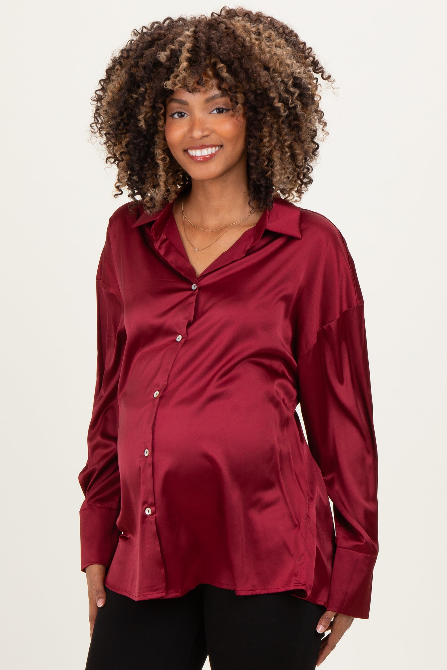 Burgundy Satin Button Up Maternity Blouse