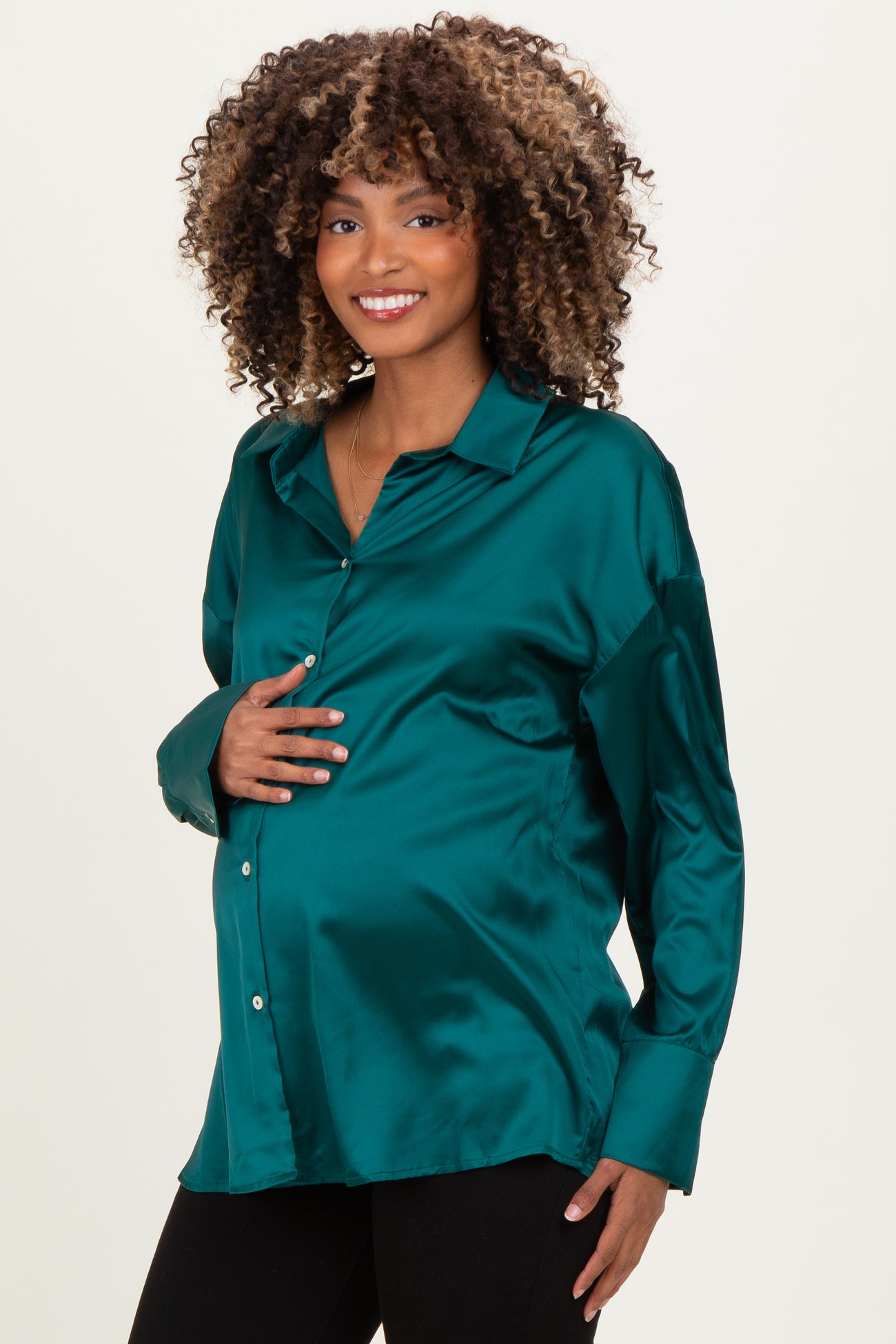 Forest Green Satin Button Up Maternity Blouse