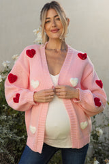 Light Pink Crochet Heart Patch Maternity Cardigan