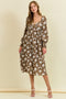 Mocha Floral Crossover Neckline Midi Dress