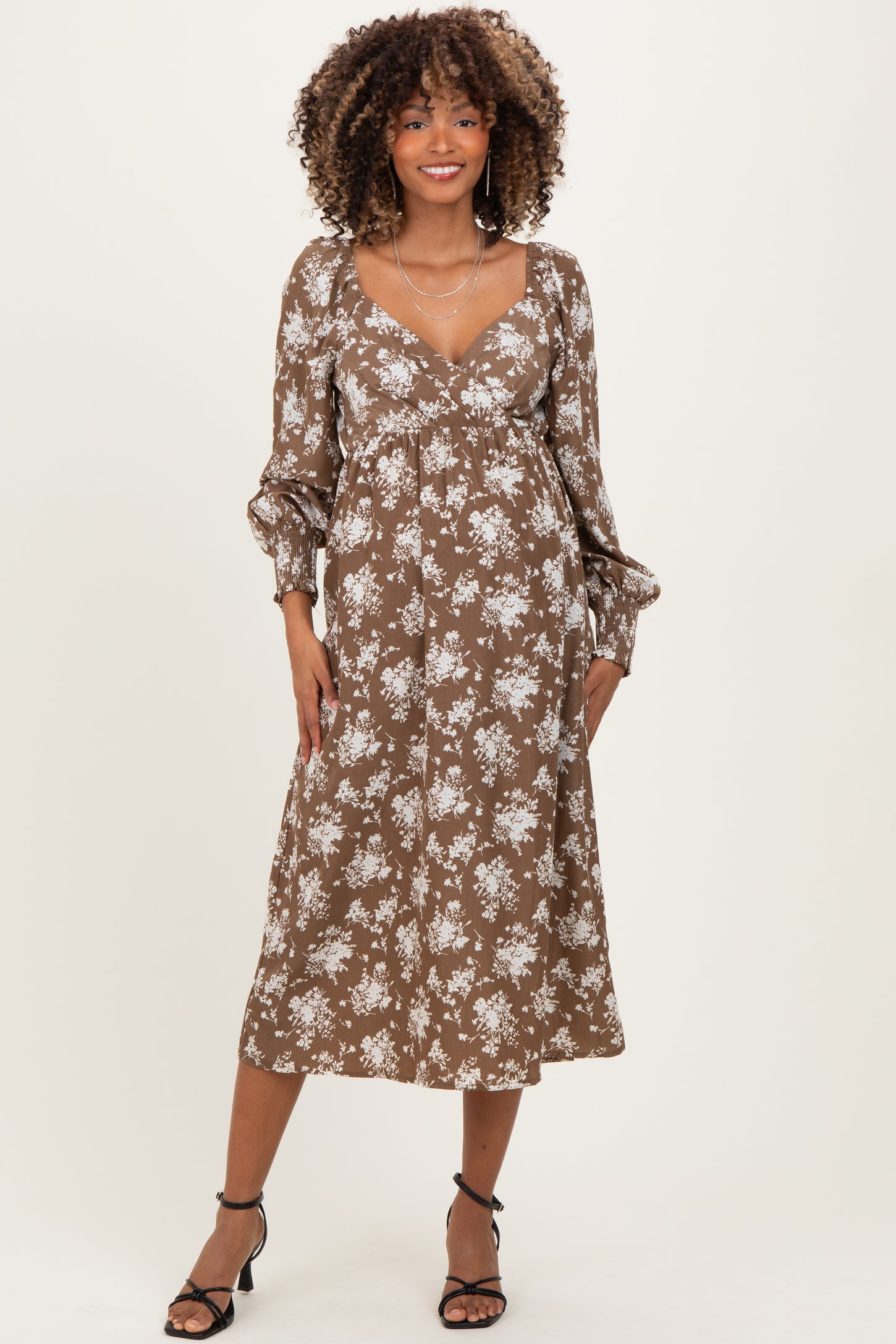 Mocha Floral Crossover Neckline Maternity Midi Dress