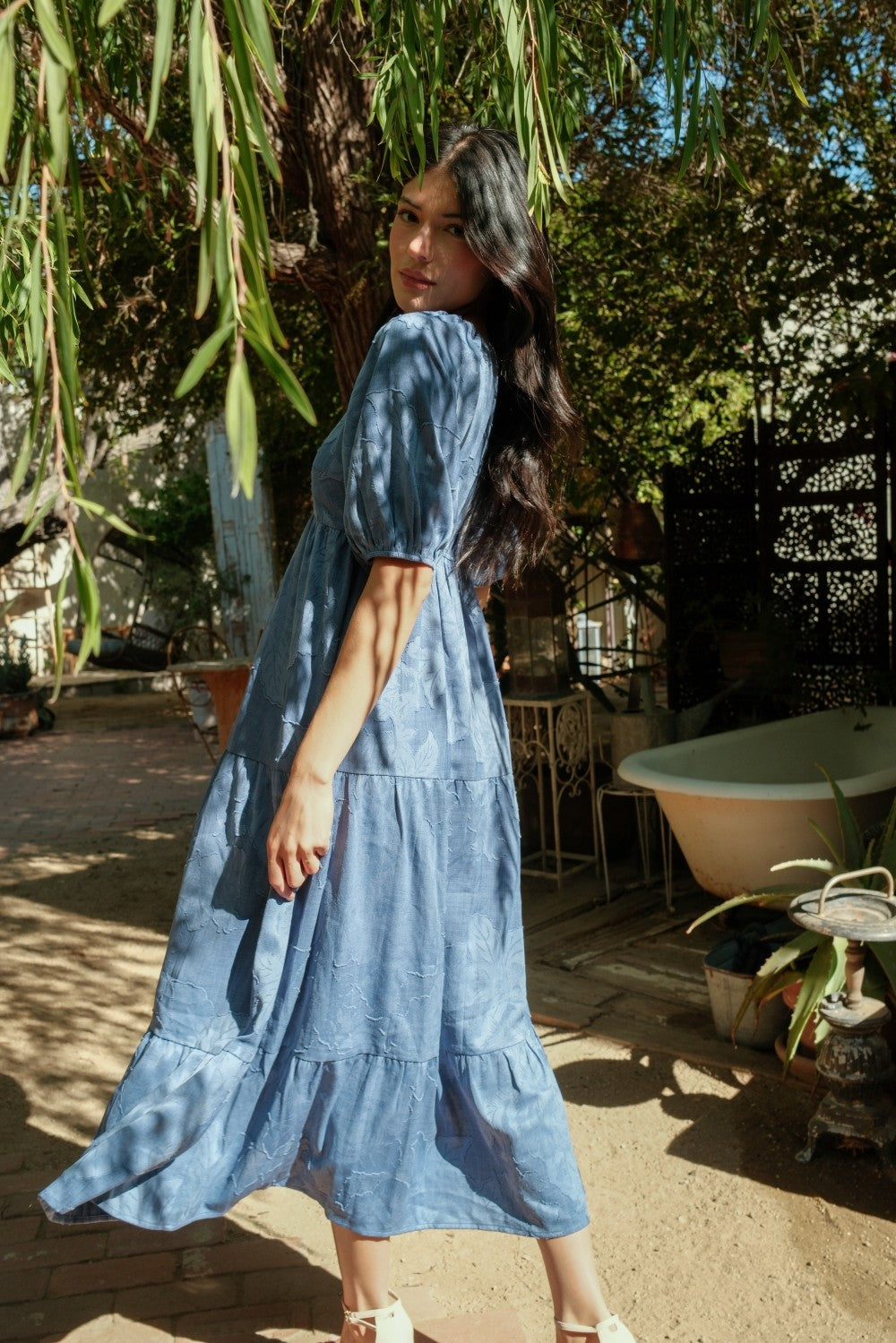 Light Blue Floral Textured Tiered Midi Dress