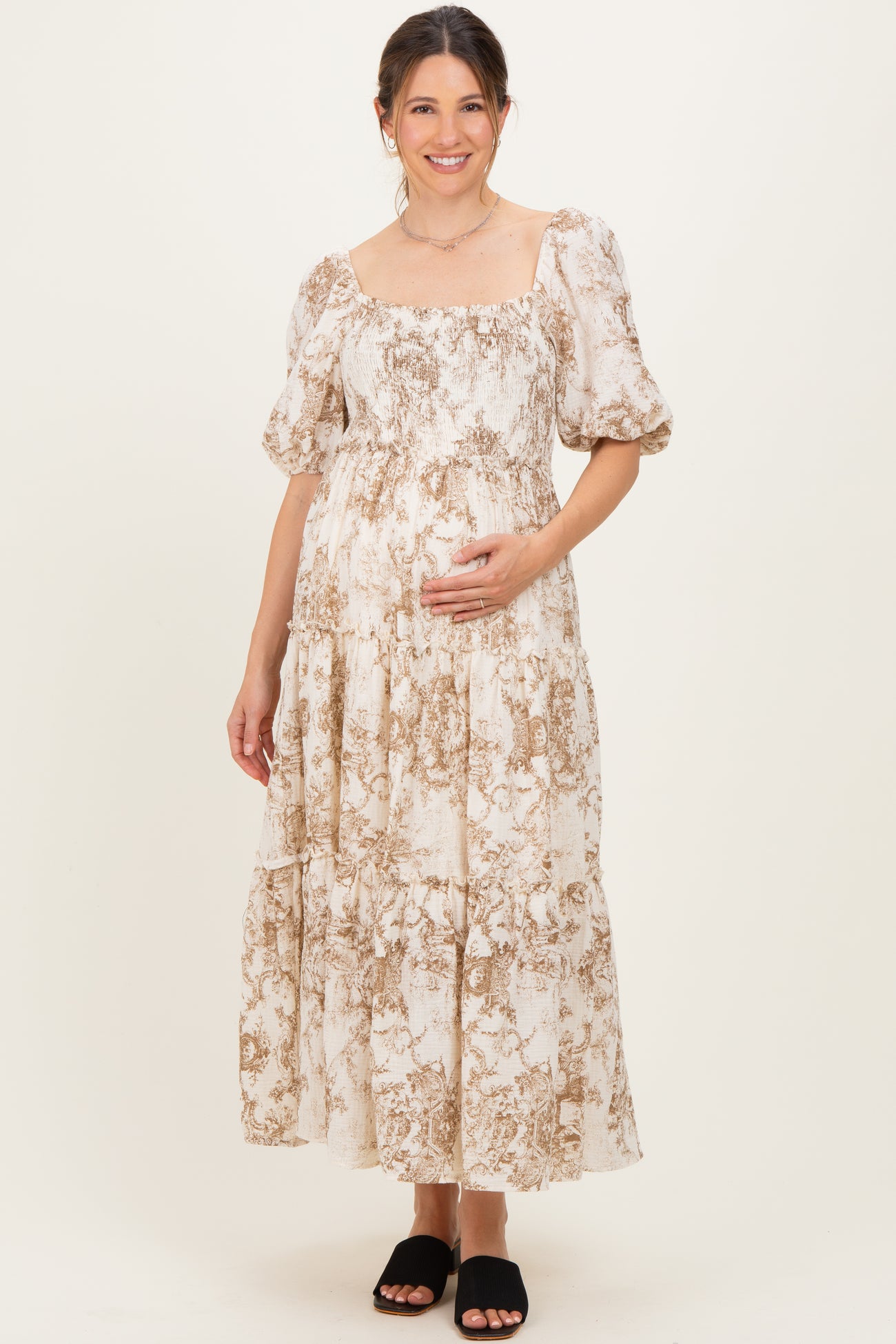Taupe Vintage Floral Puff Sleeve Tiered Maternity Maxi Dress