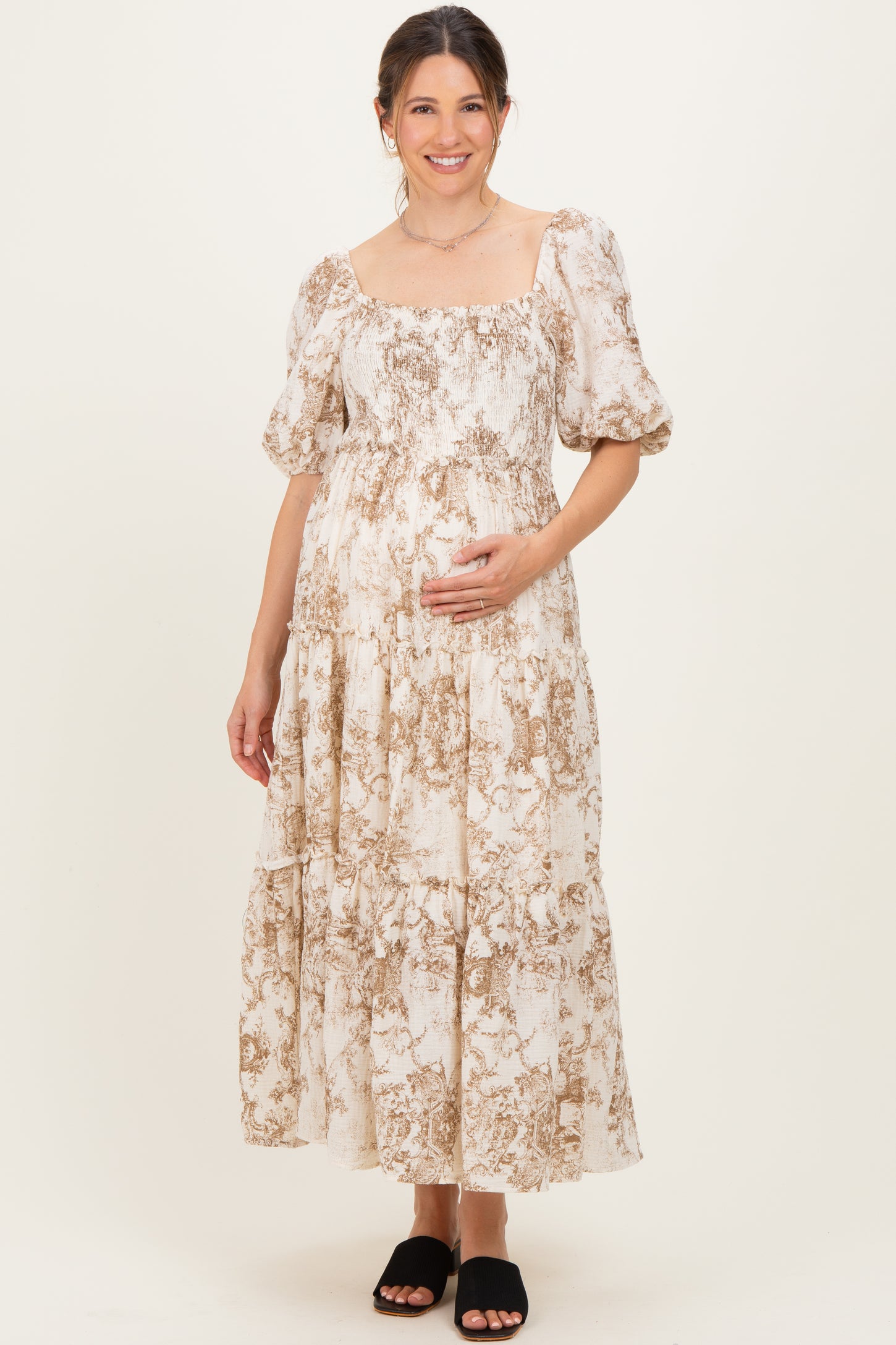 Taupe Vintage Floral Puff Sleeve Tiered Maternity Maxi Dress