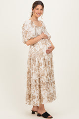 Taupe Vintage Floral Puff Sleeve Tiered Maternity Maxi Dress