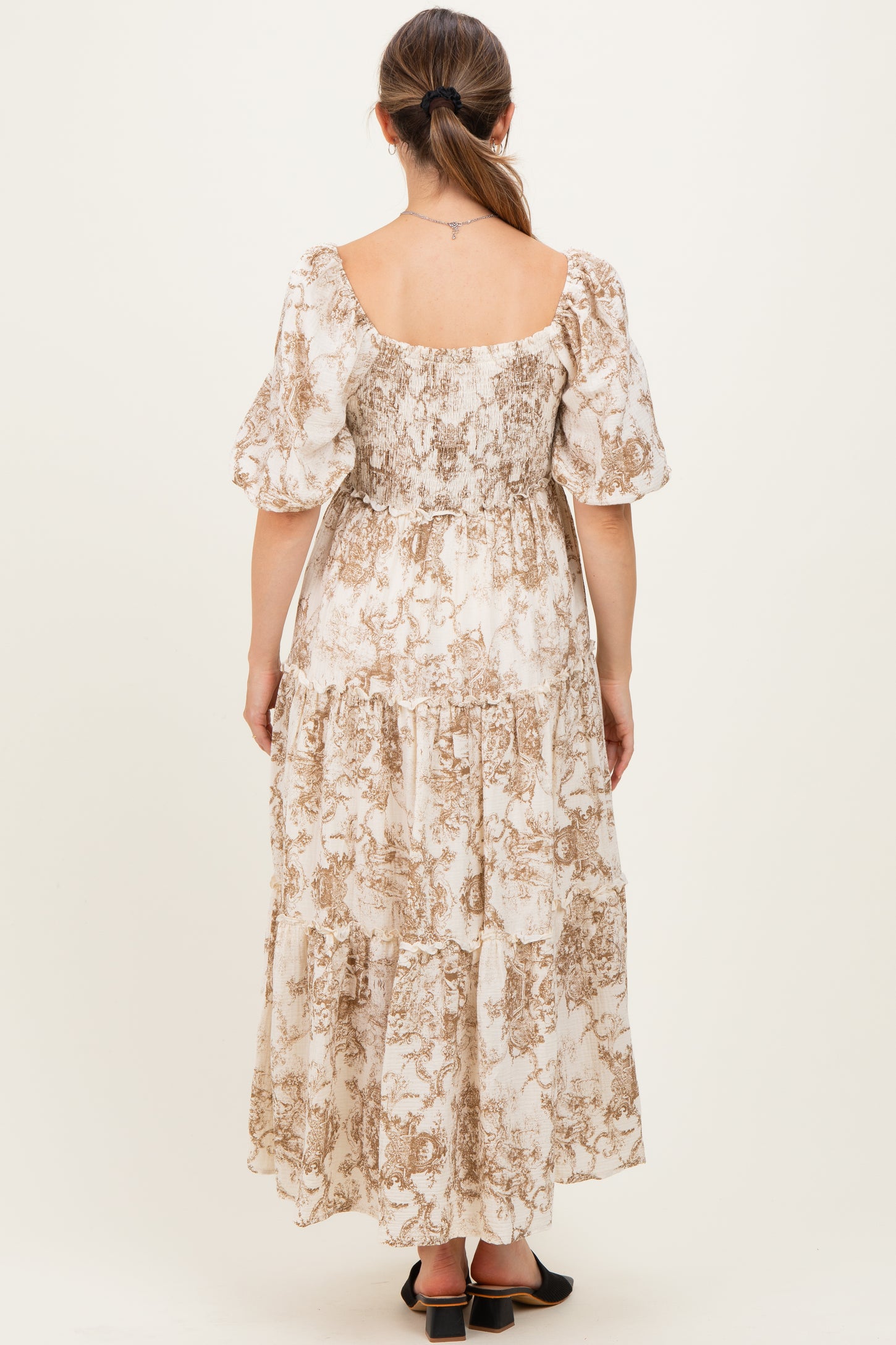 Taupe Vintage Floral Puff Sleeve Tiered Maternity Maxi Dress