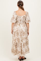 Taupe Vintage Floral Puff Sleeve Tiered Maternity Maxi Dress