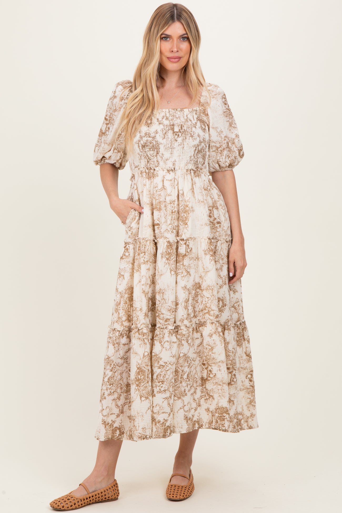 Taupe Vintage Floral Puff Sleeve Tiered Maxi Dress