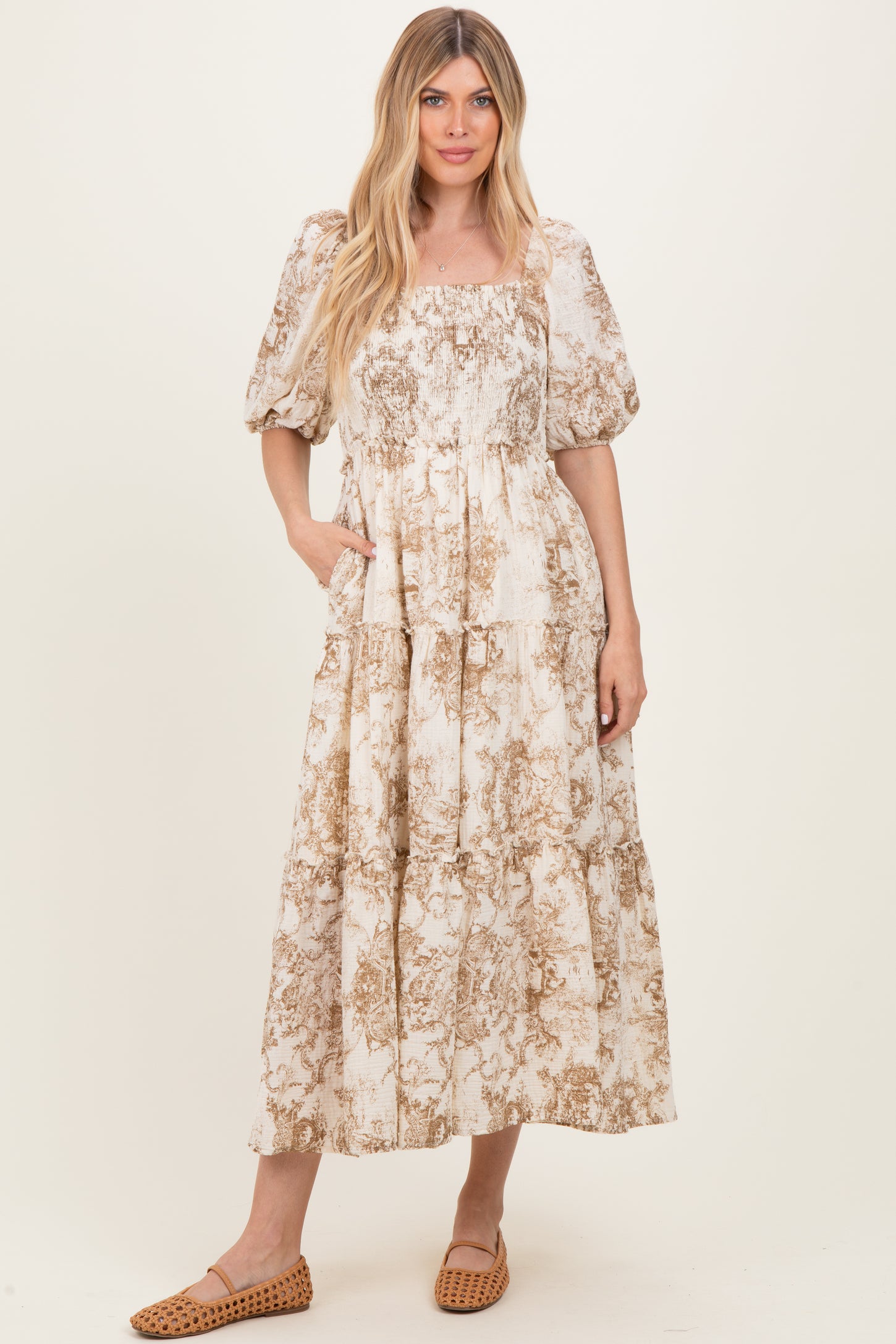 Taupe Vintage Floral Puff Sleeve Tiered Maxi Dress