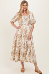 Taupe Vintage Floral Puff Sleeve Tiered Maxi Dress