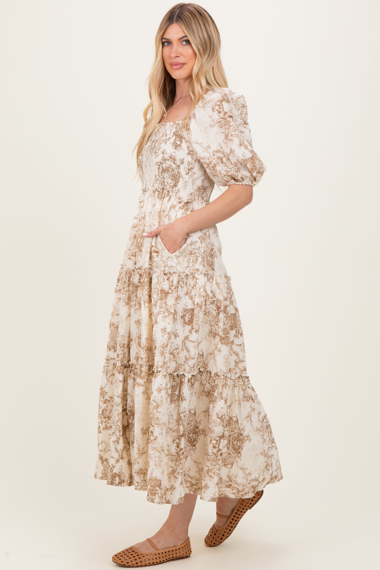 Taupe Vintage Floral Puff Sleeve Tiered Maxi Dress