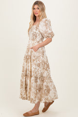Taupe Vintage Floral Puff Sleeve Tiered Maxi Dress