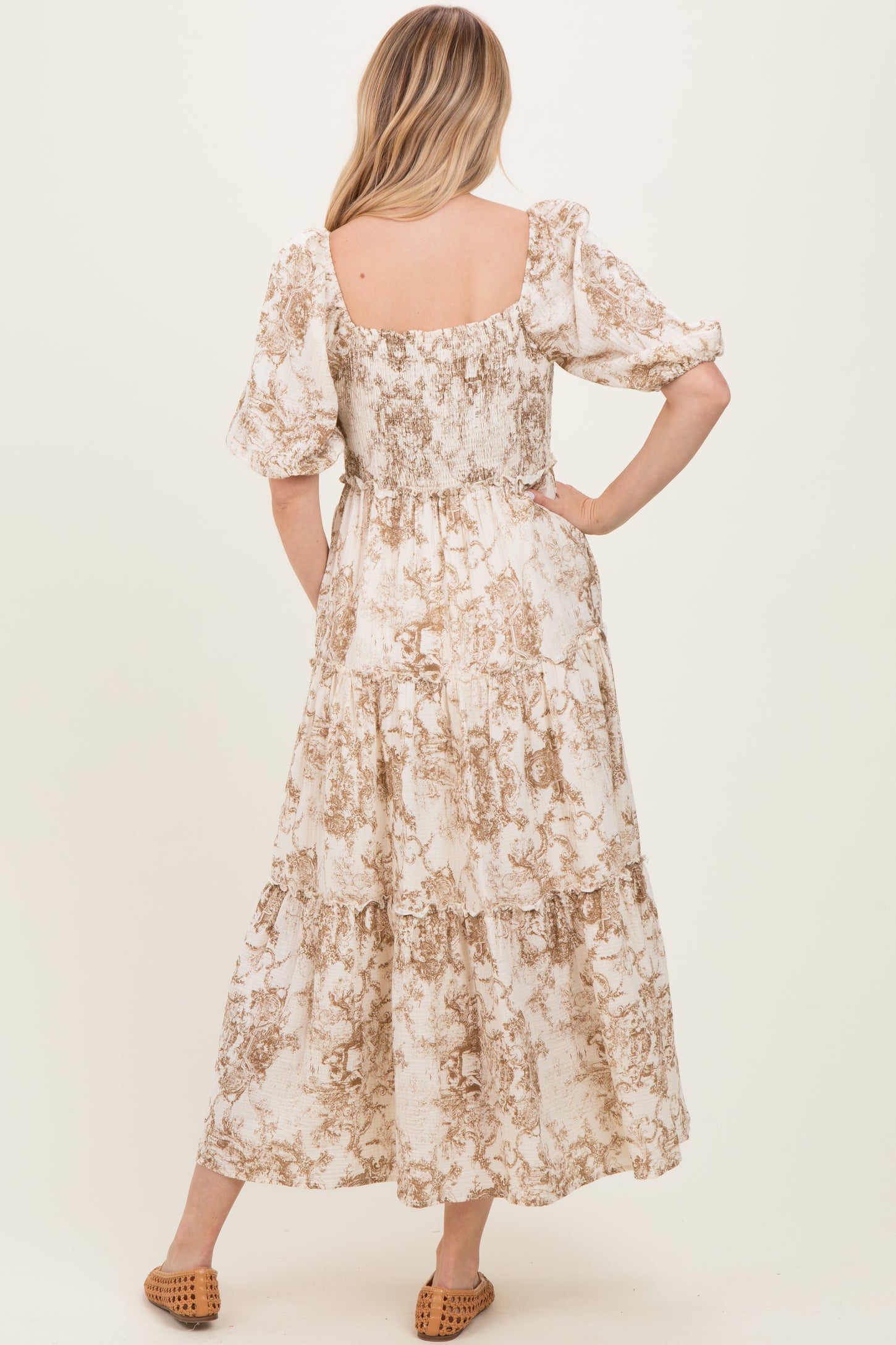 Taupe Vintage Floral Puff Sleeve Tiered Maxi Dress