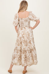 Taupe Vintage Floral Puff Sleeve Tiered Maxi Dress