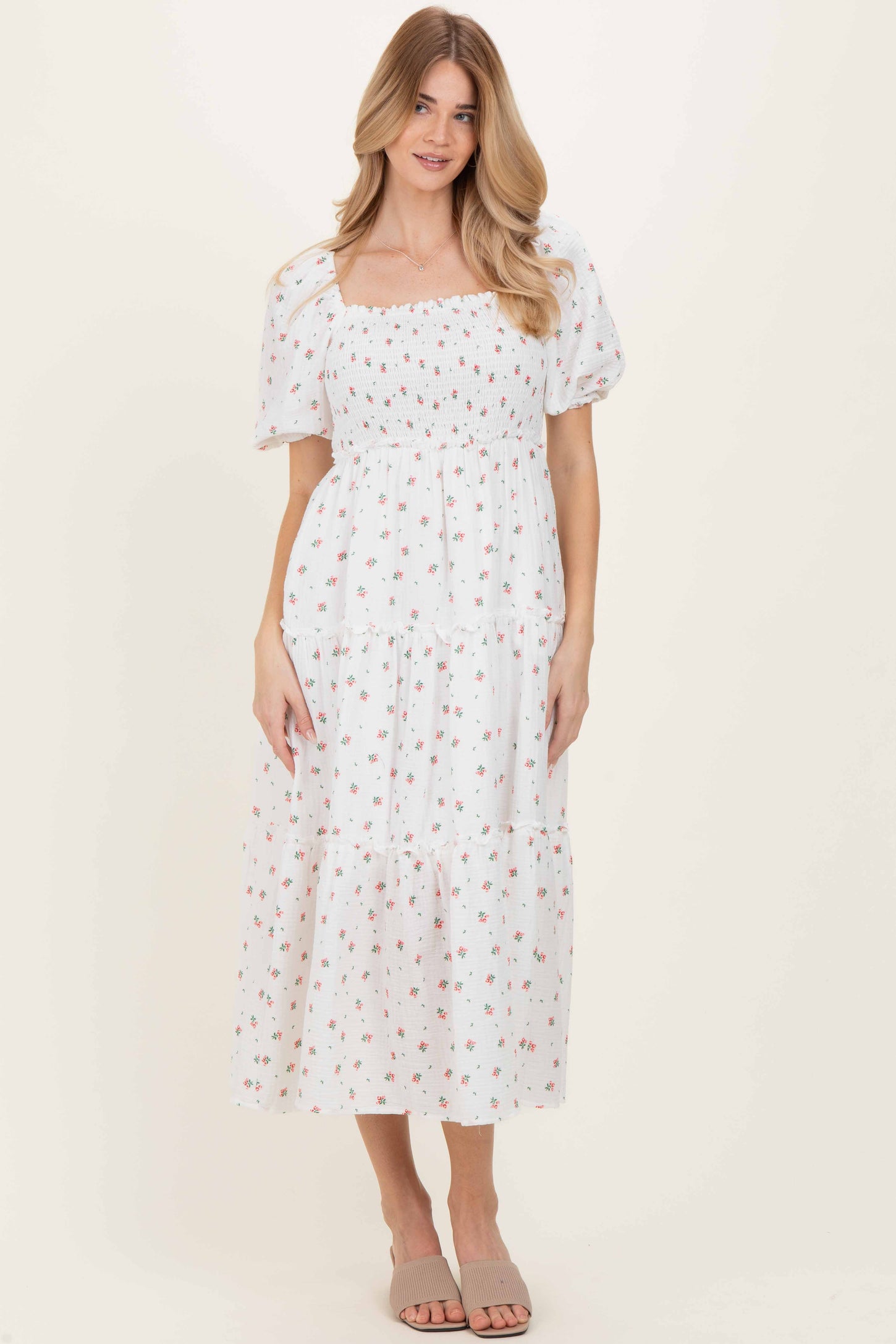 White Floral Puff Sleeve Tiered Maxi Dress
