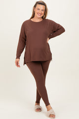 Brown Brushed Knit Oversized Top and Legging Maternity Plus Set