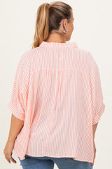 Coral Striped Button Up Short Dolman Sleeve Maternity Plus Top