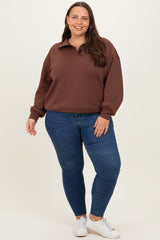 Brown Half Zip Maternity Plus Pullover