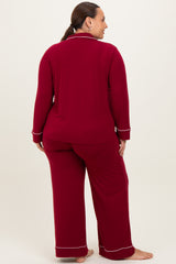 Burgundy Button Down Top Wide Leg Pant Plus Pajama Set