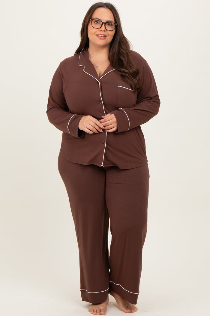 Brown Button Down Top Wide Leg Pant Plus Pajama Set