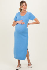 Blue Knit Contrast Stitch Detail Maternity Midi Dress